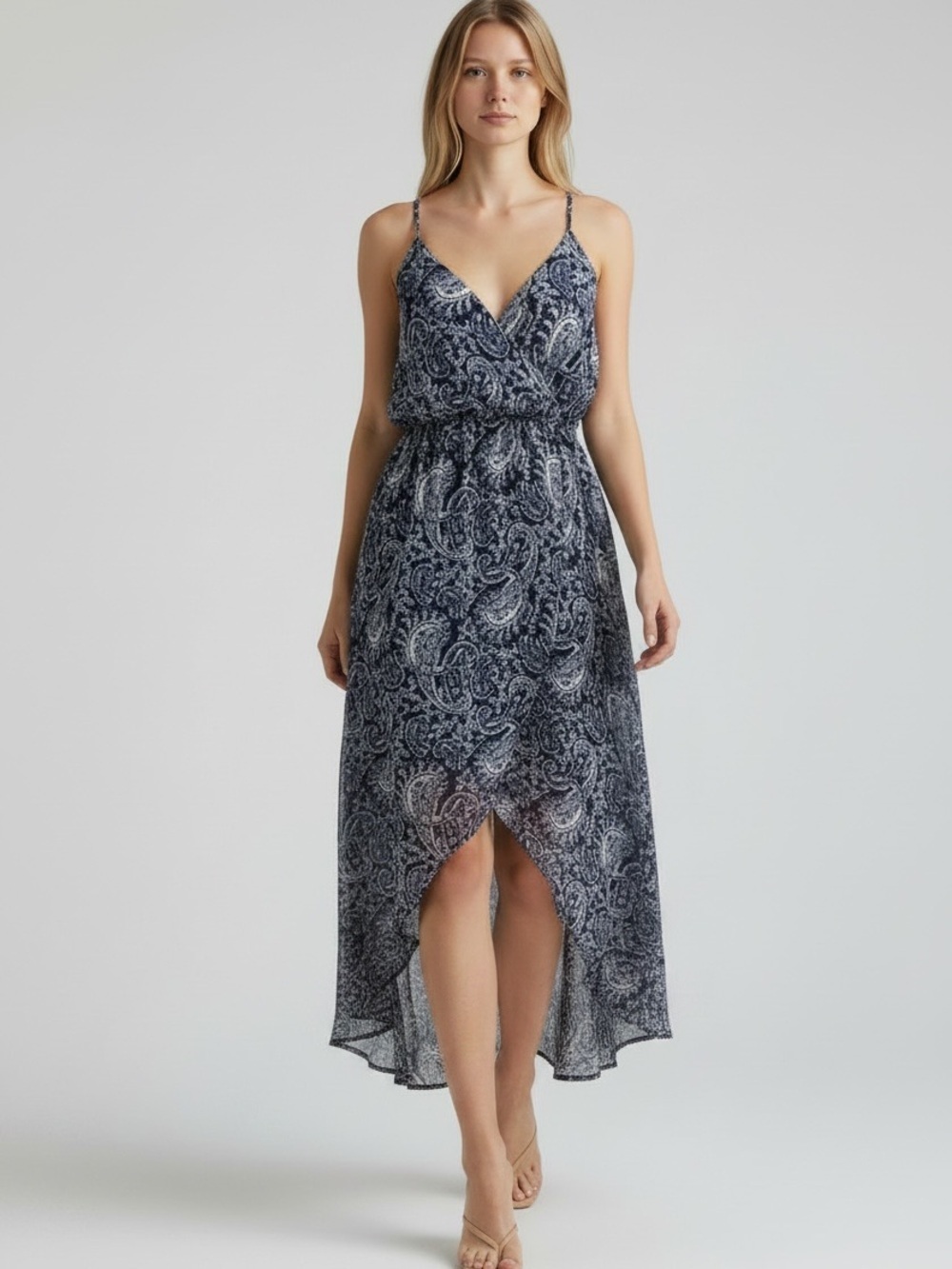 Smart Set Blue Maxi Dress Wrap Front Sheer Flowy Hi Low Asymmetric Paisley XS